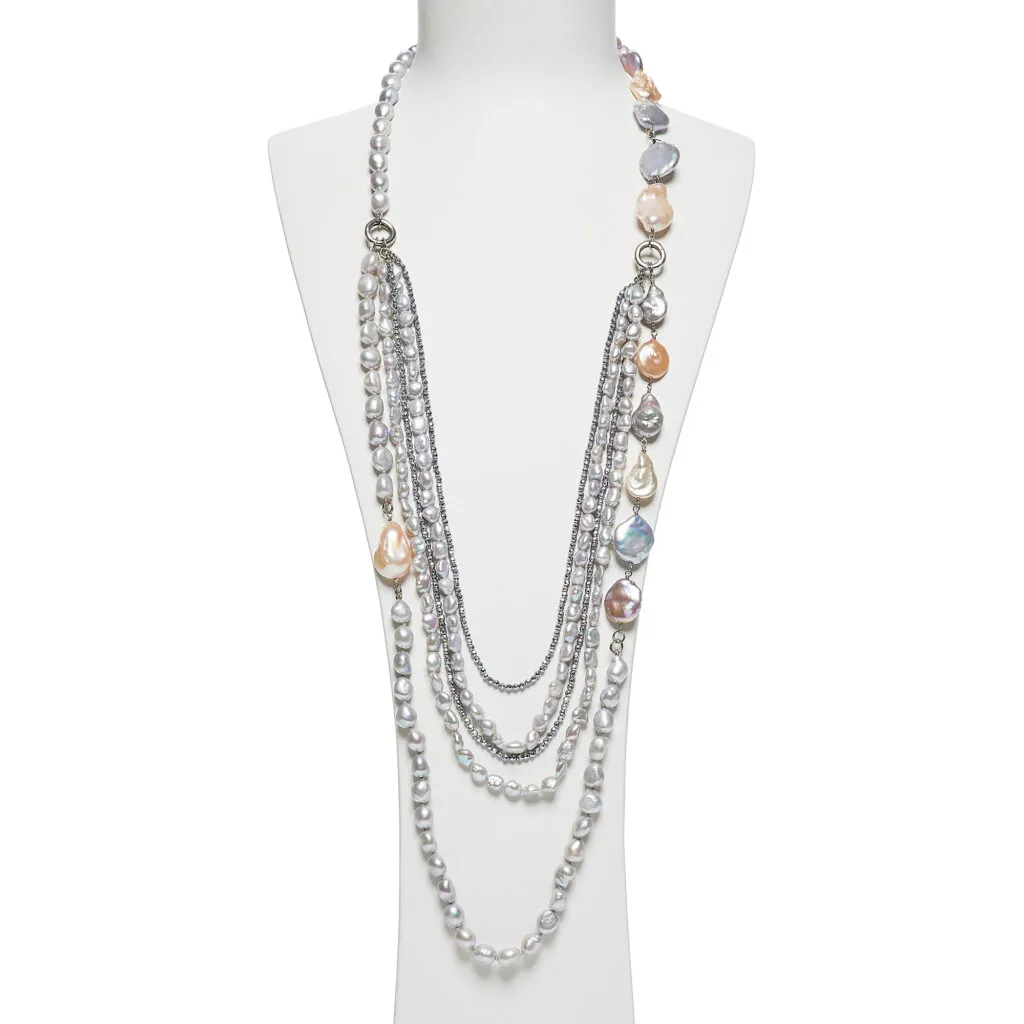 Collana multifilo in Perle grigie ed Ematite rodiata