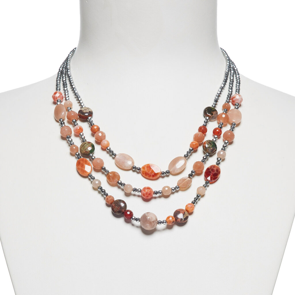 Collana in Agata di Fuoco, diaspro ed Ematite rodiata
