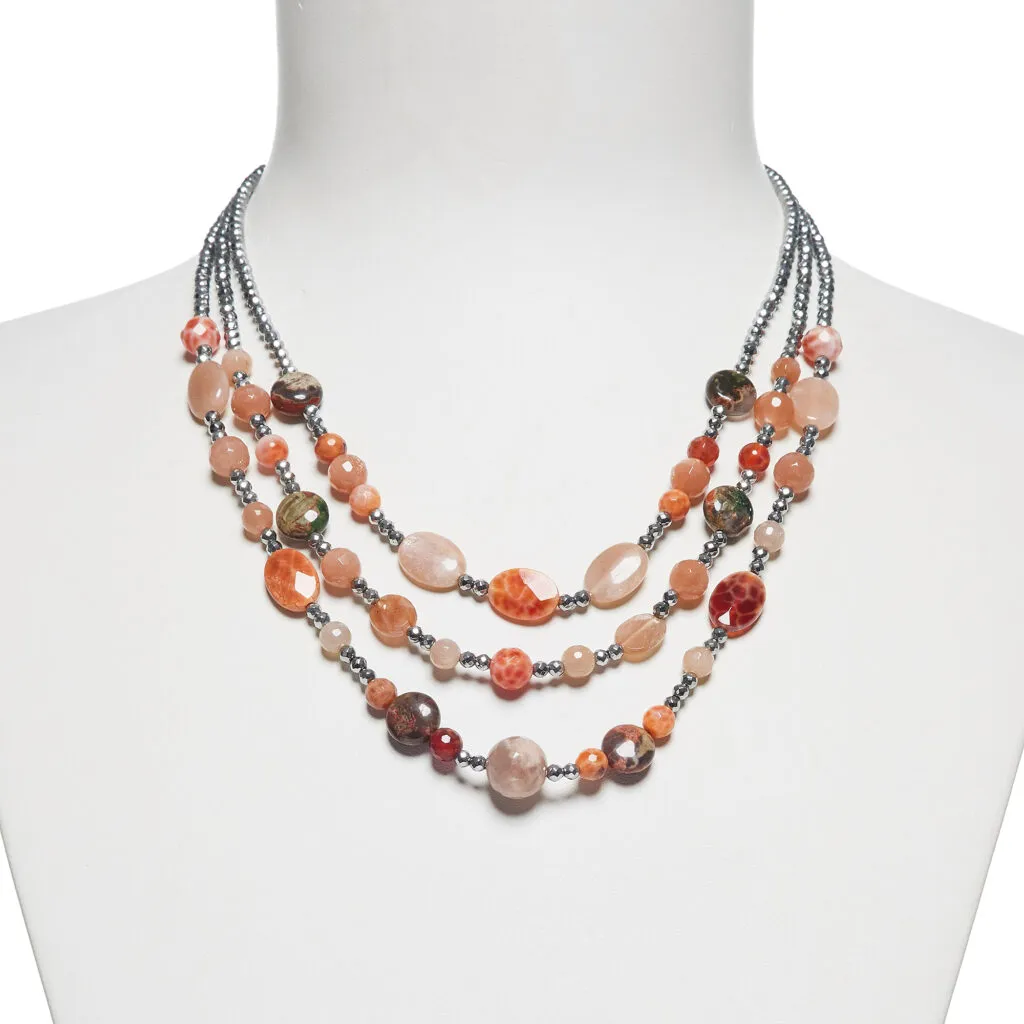 Collier en Agate de feu, Jaspe et Hématite rhodiée