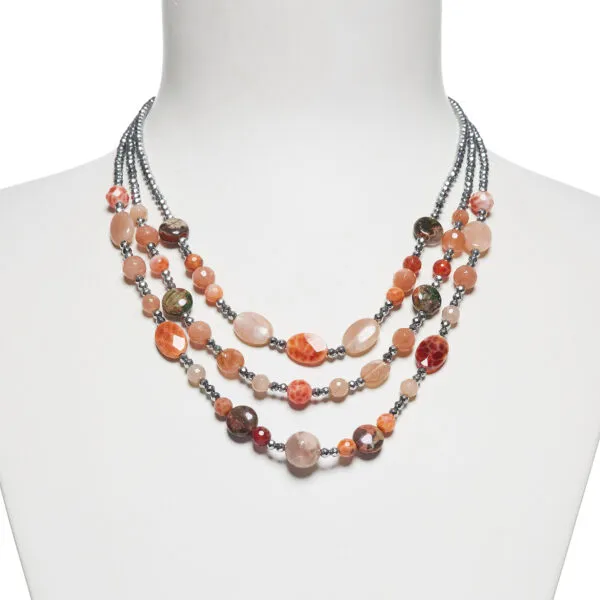 Collana in Agata di Fuoco, diaspro ed Ematite rodiata