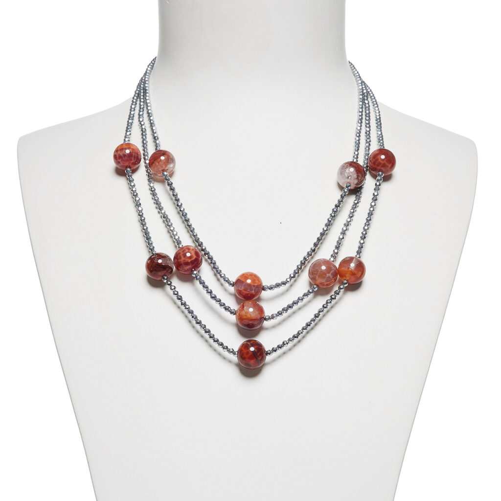 Collana in Quarzo Ematoide ed Agata di Fuoco, Con Ematite