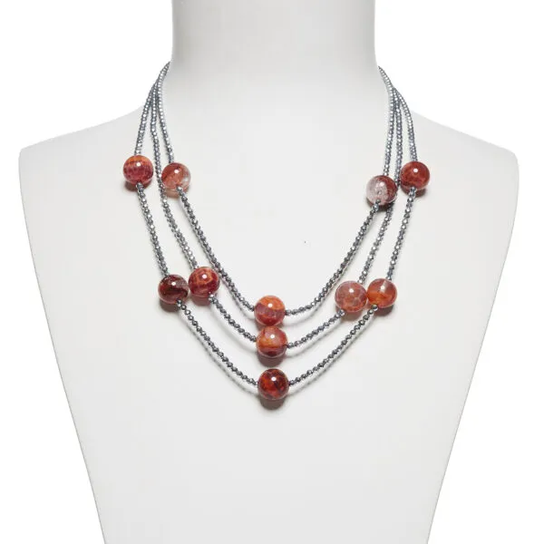 Collana in Quarzo Ematoide ed Agata di Fuoco, Con Ematite