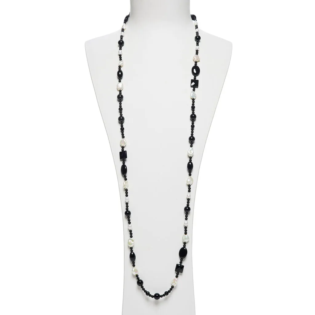 Collana lunga in Agata Nera e Perle