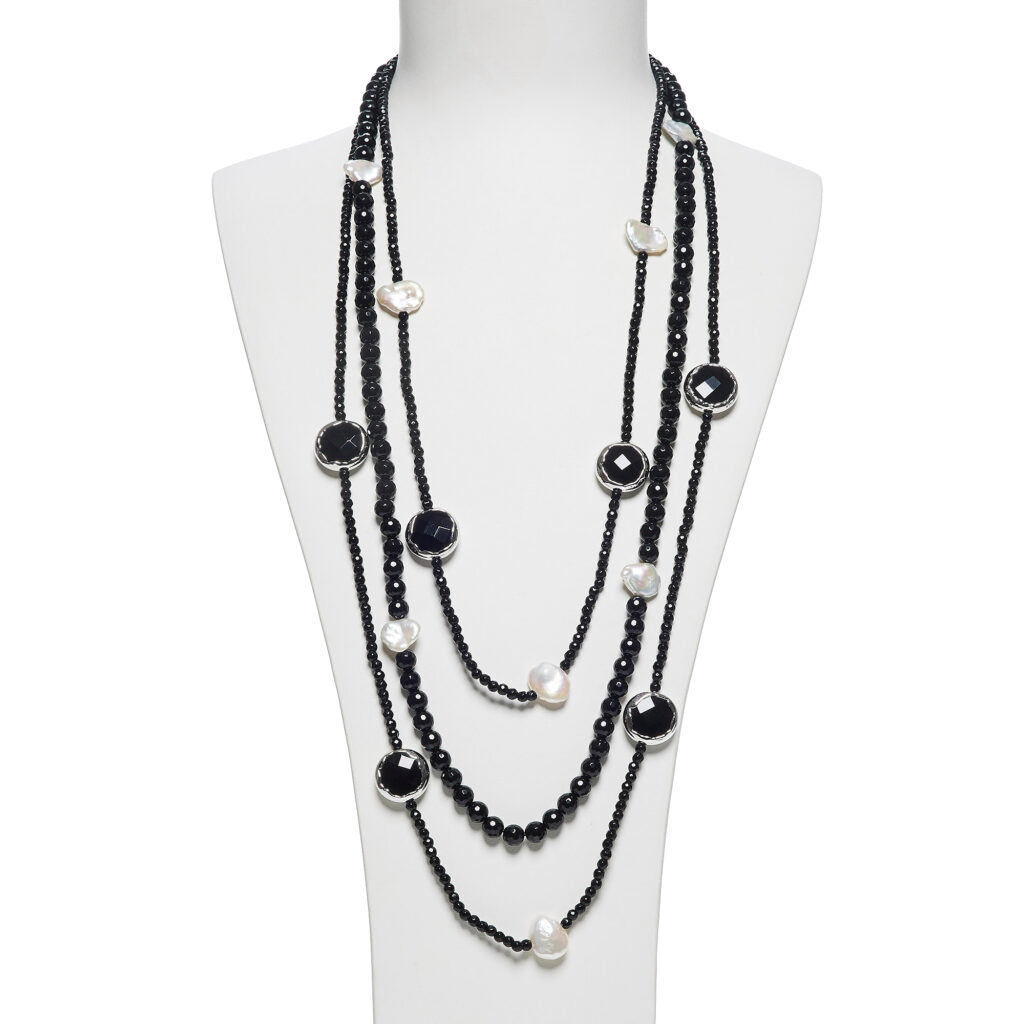 Collana a tre fili in Agata Nera e Perle