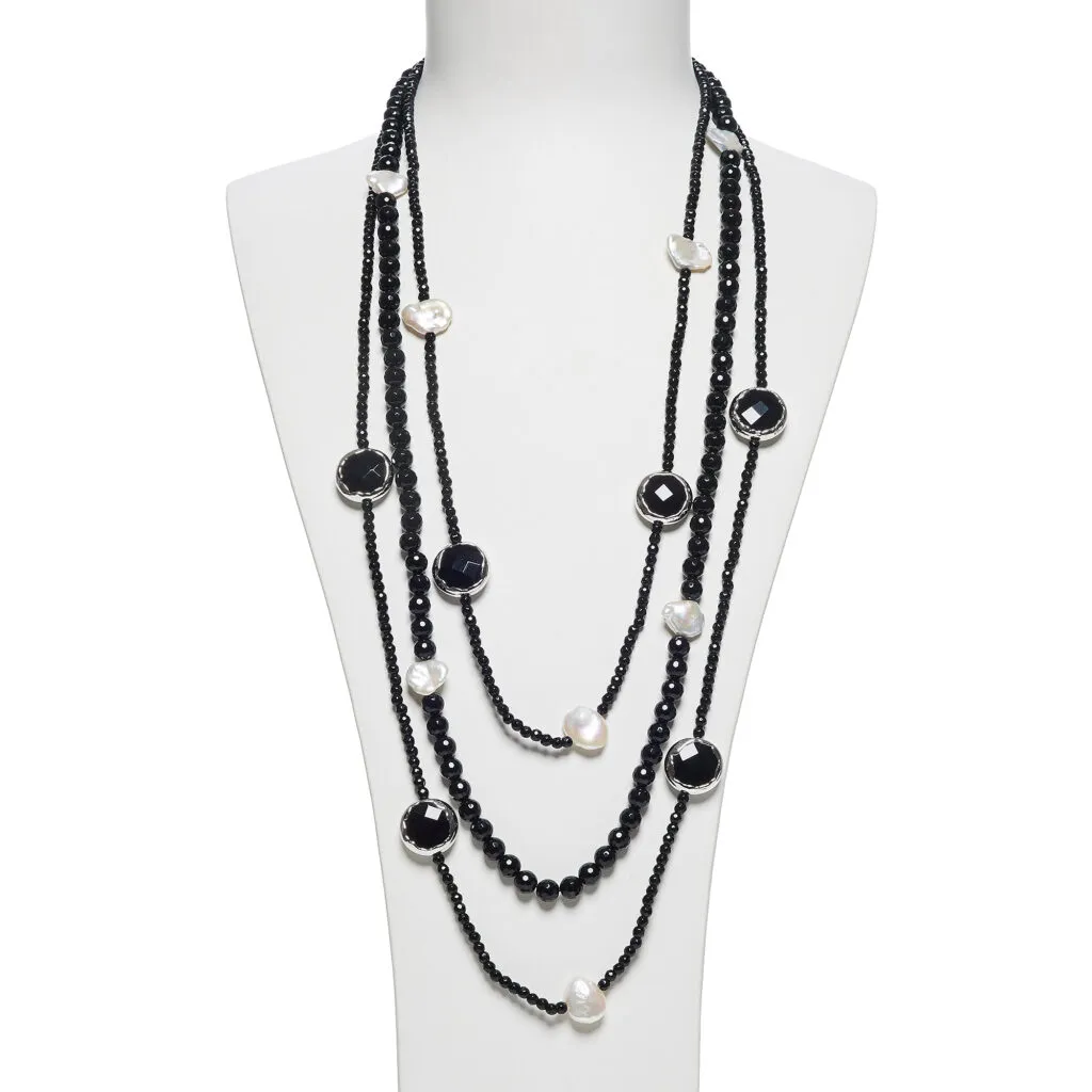 Collana a tre fili in Agata Nera e Perle
