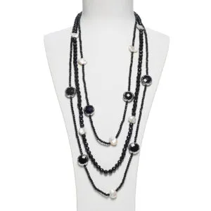 Collana a tre fili in Agata Nera e Perle