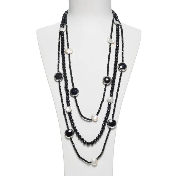 Collana a tre fili in Agata Nera e Perle