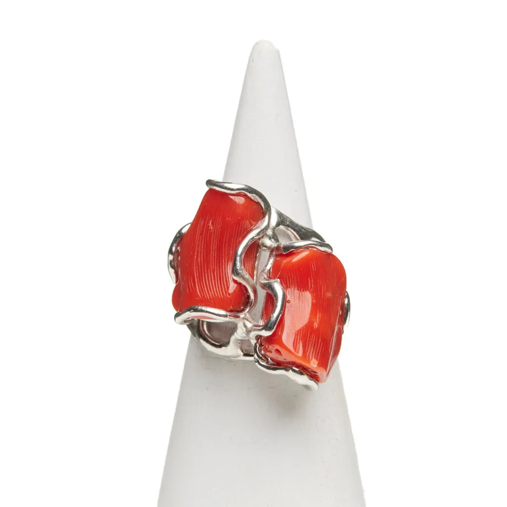 Anello Regolabile in Argento e Corallo Rosso