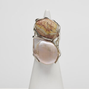 Anello Regolabile in Argento a due pietre con Diaspro e Perla