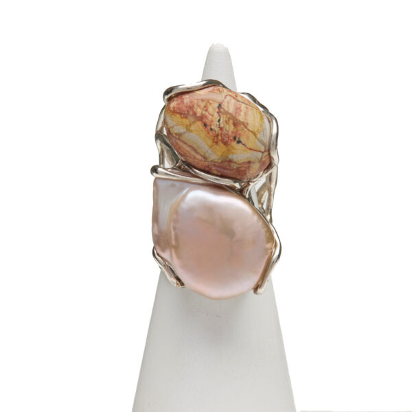 Anello Regolabile in Argento a due pietre con Diaspro e Perla