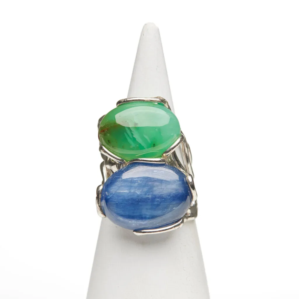 Verstelbare tweesteenring met kyaniet en chrysoprase