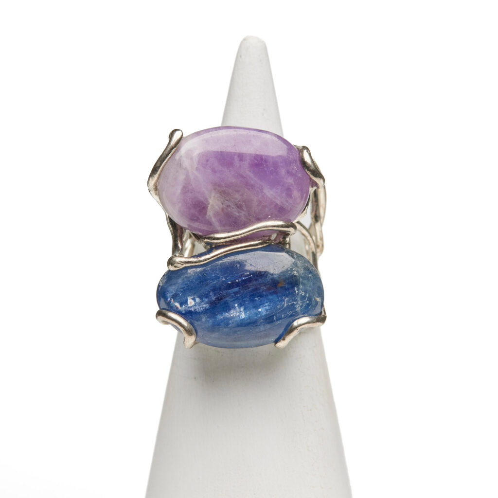 Anello regolabile in Argento con Cianite ed Ametista
