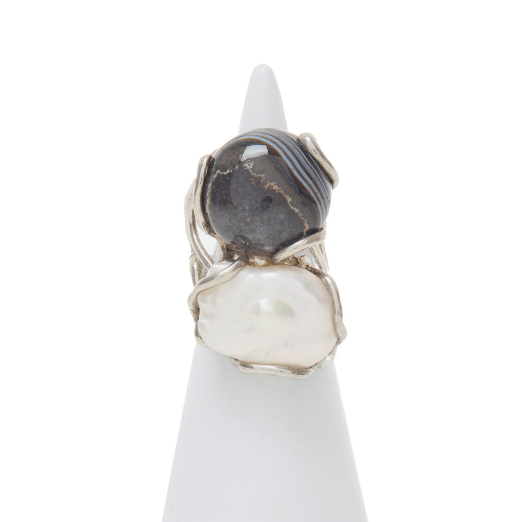 Bague réglable en agate striée et perle