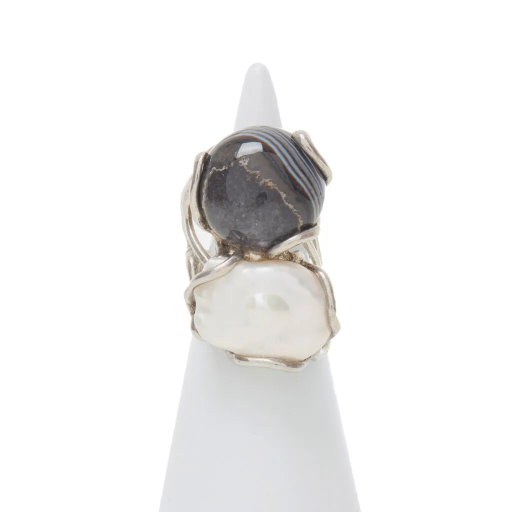 Anello Regolabile in Agata Striata e Perla