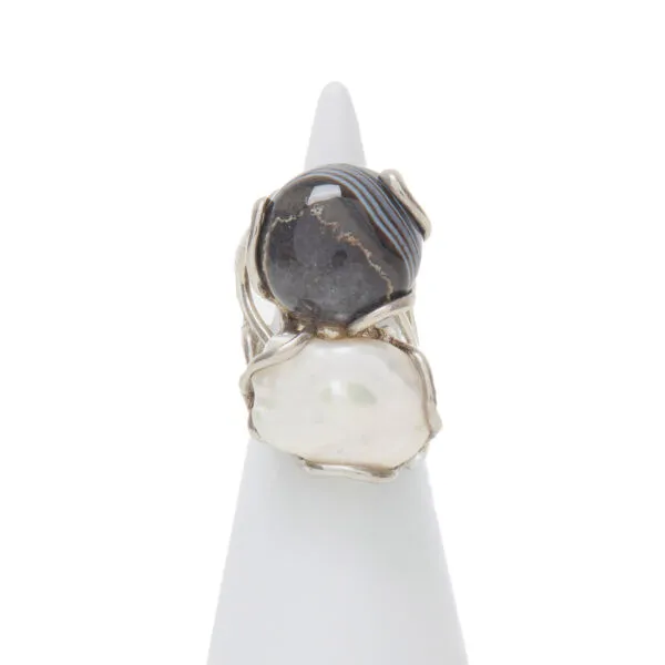 Anello Regolabile in Agata Striata e Perla