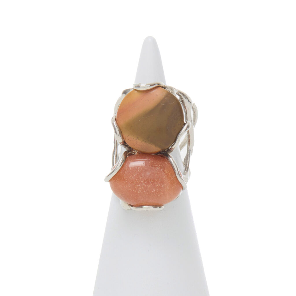 Bague réglable en argent avec jaspe et pierre solaire