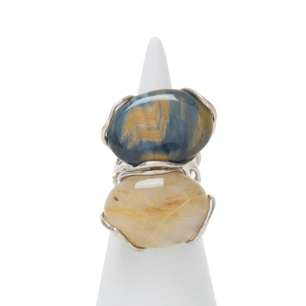 Anello Regolabile in Quarzo Rutilato ed Occhio di Falco