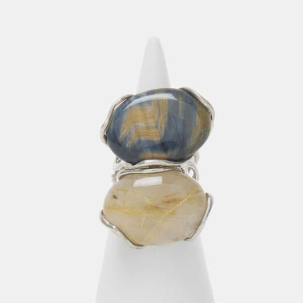 Anello Regolabile in Quarzo Rutilato ed Occhio di Falco