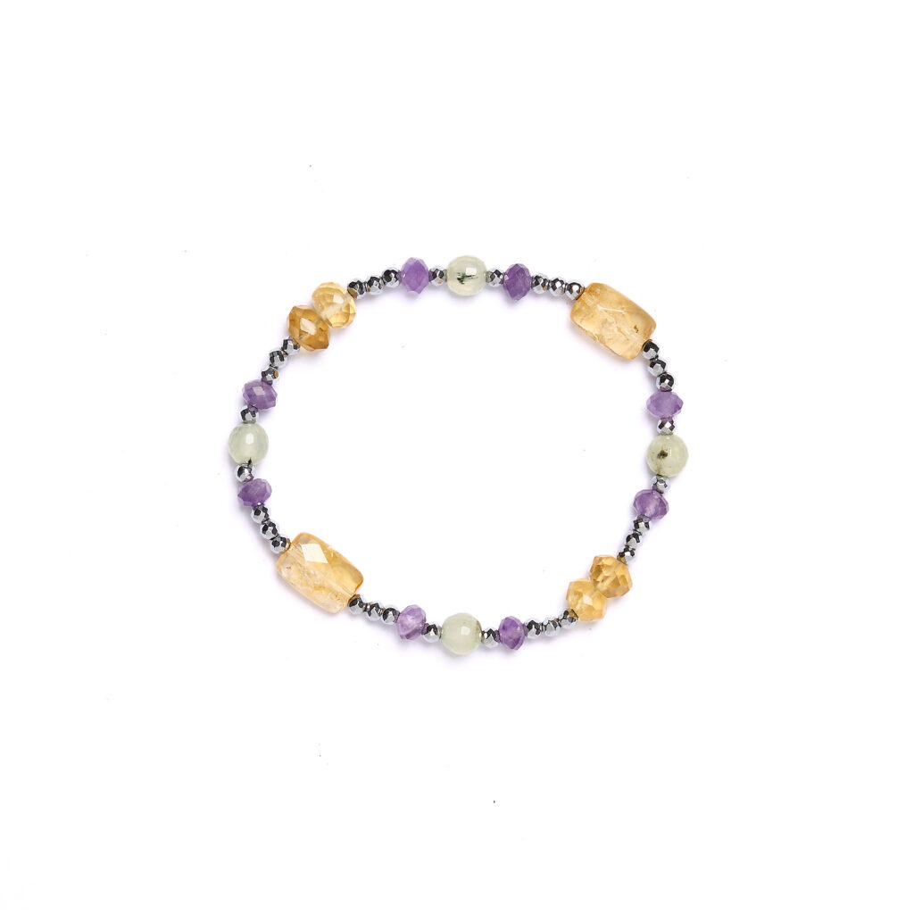 Bracciale Elastico in Prehnite ed Ametista con Ematite