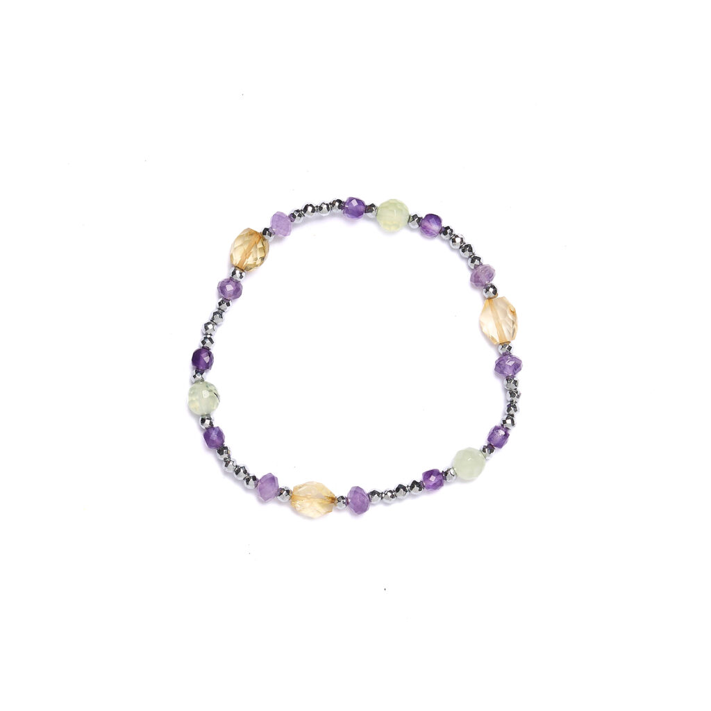 Bracciale Elastico in Prehnite ed Ametista con Ematite