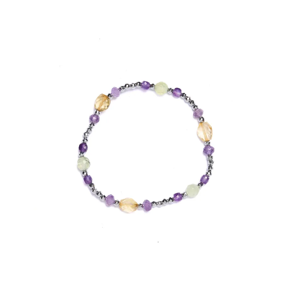 Bracciale Elastico in Prehnite ed Ametista con Ematite