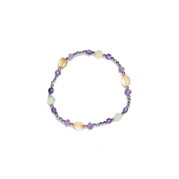 Bracciale Elastico in Prehnite ed Ametista con Ematite