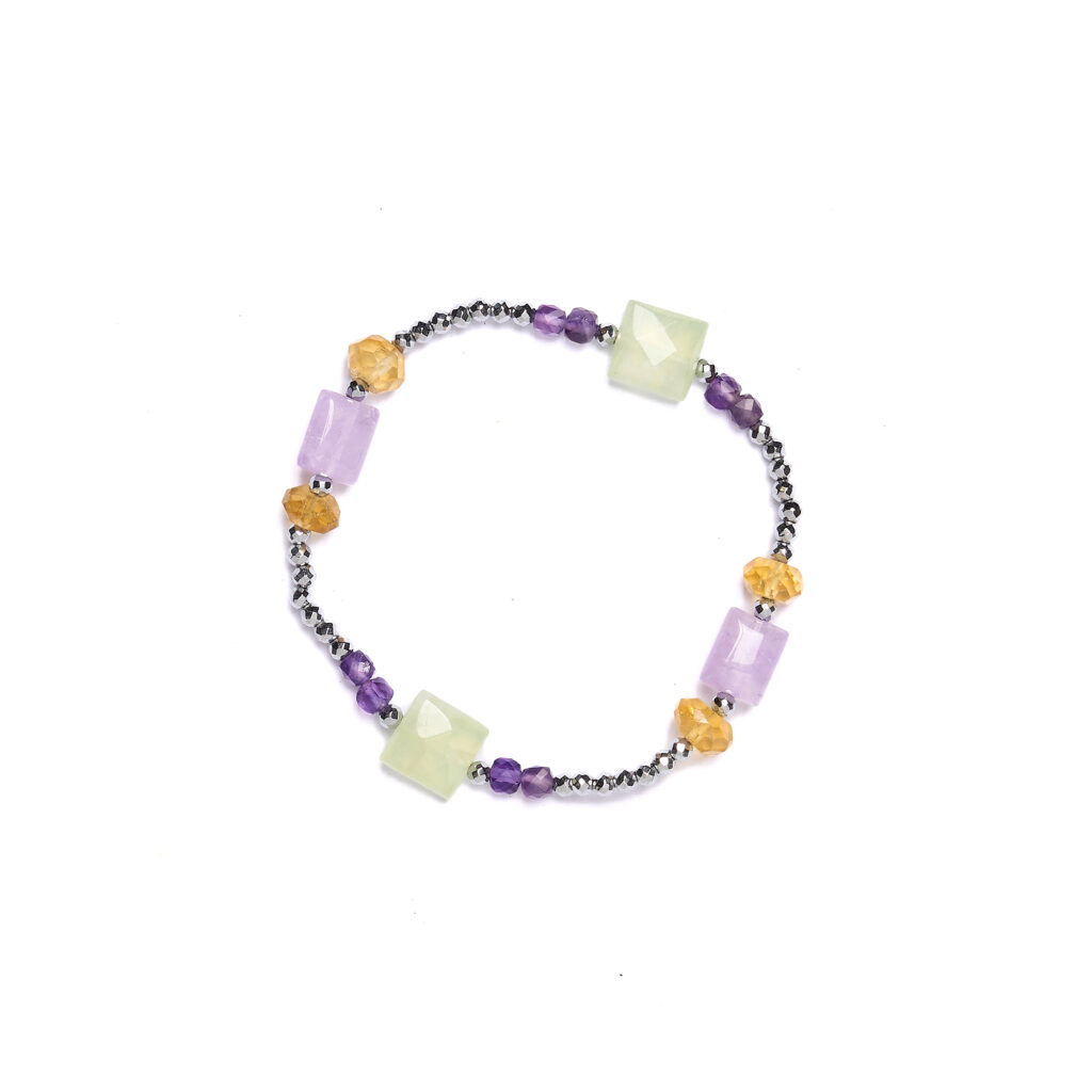 Bracciale Elastico in Prehnite ed Ametista con Ematite