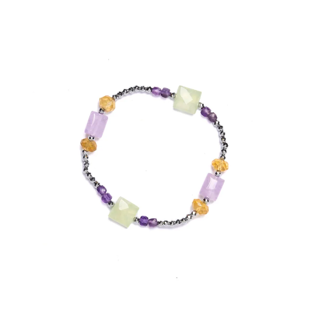 Bracciale Elastico in Prehnite ed Ametista con Ematite
