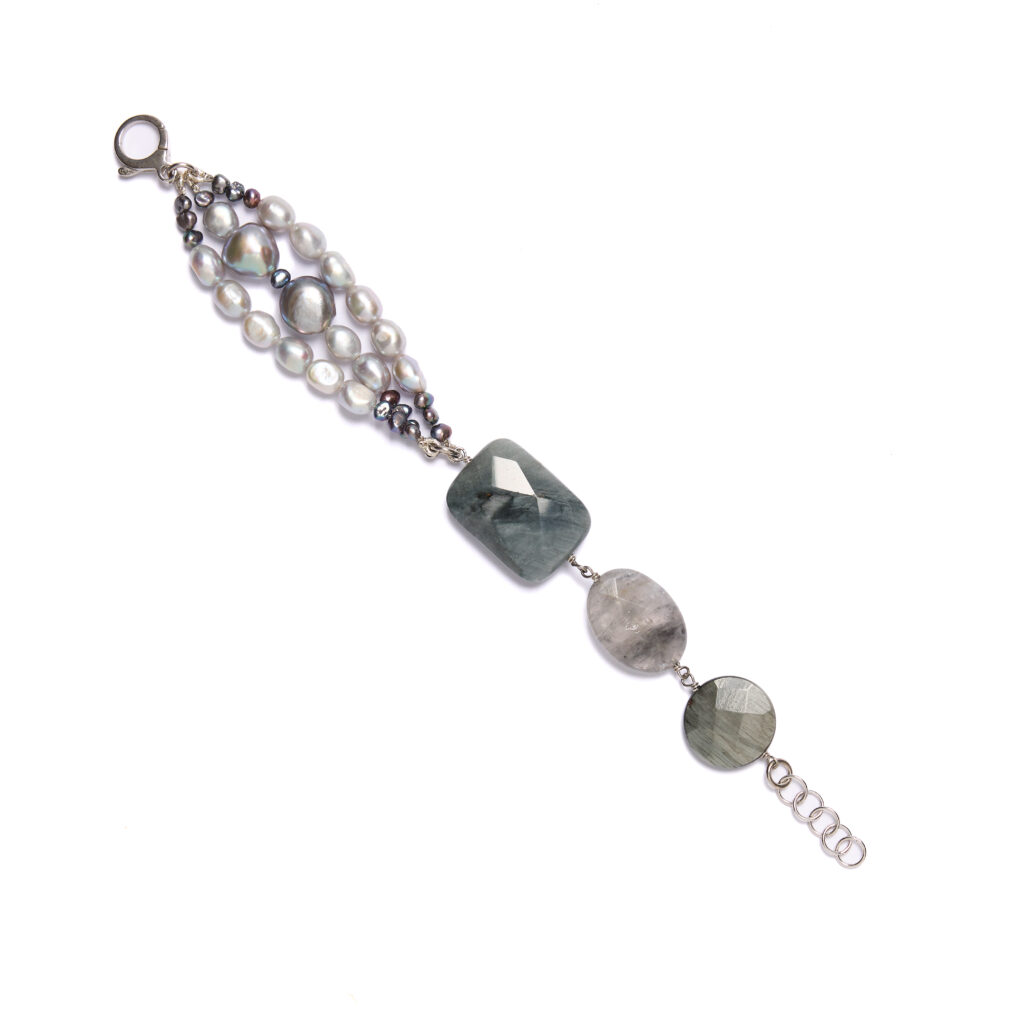 Bracciale rilegato in Occhio di Gatto e Perle