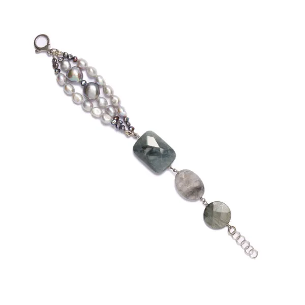 Bracciale rilegato in Occhio di Gatto e Perle