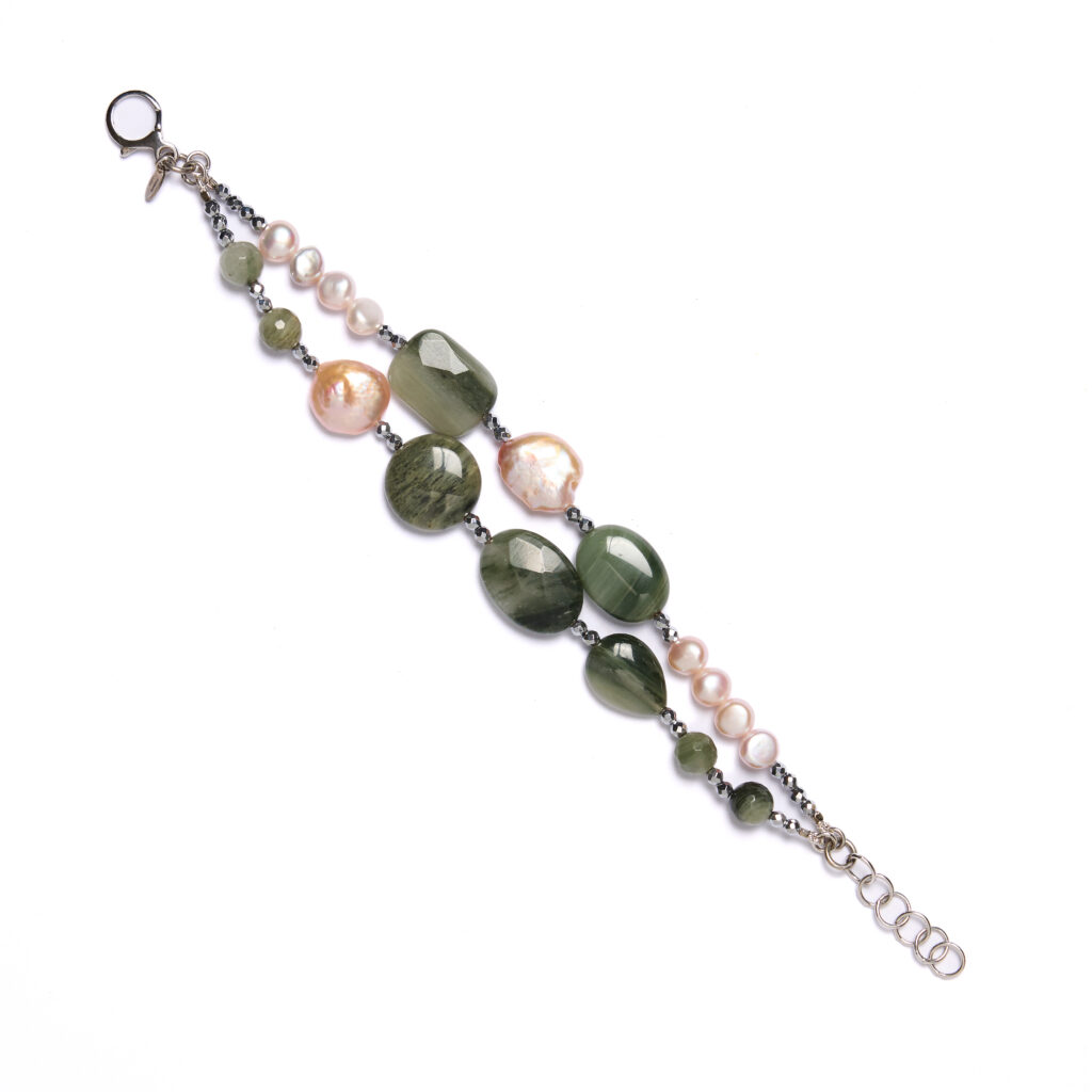 Bracciale a due fili in Agata Salvia e Perle