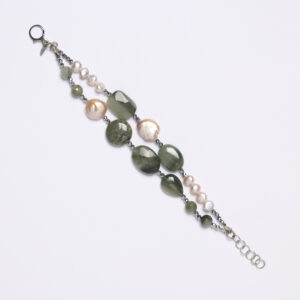 Bracciale a due fili in Agata Salvia e Perle