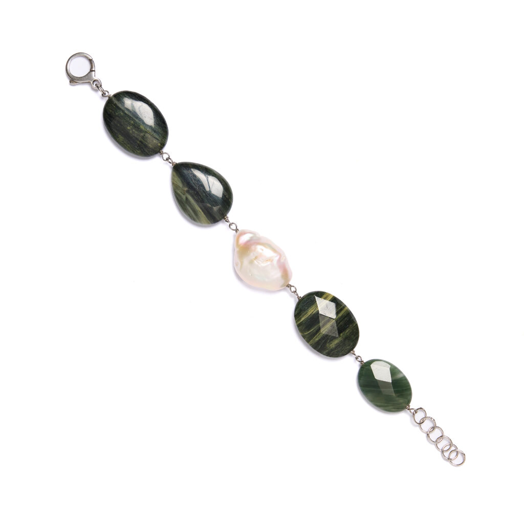 Bracciale in Agata Salvia e Perle
