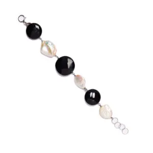 Bracelet en agate noire et perles plates baroques