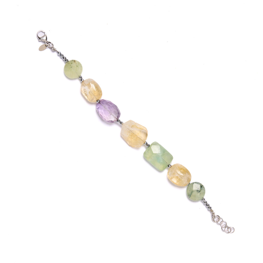 Bracciale infilato in Prehnite, Citrino ed Ametista