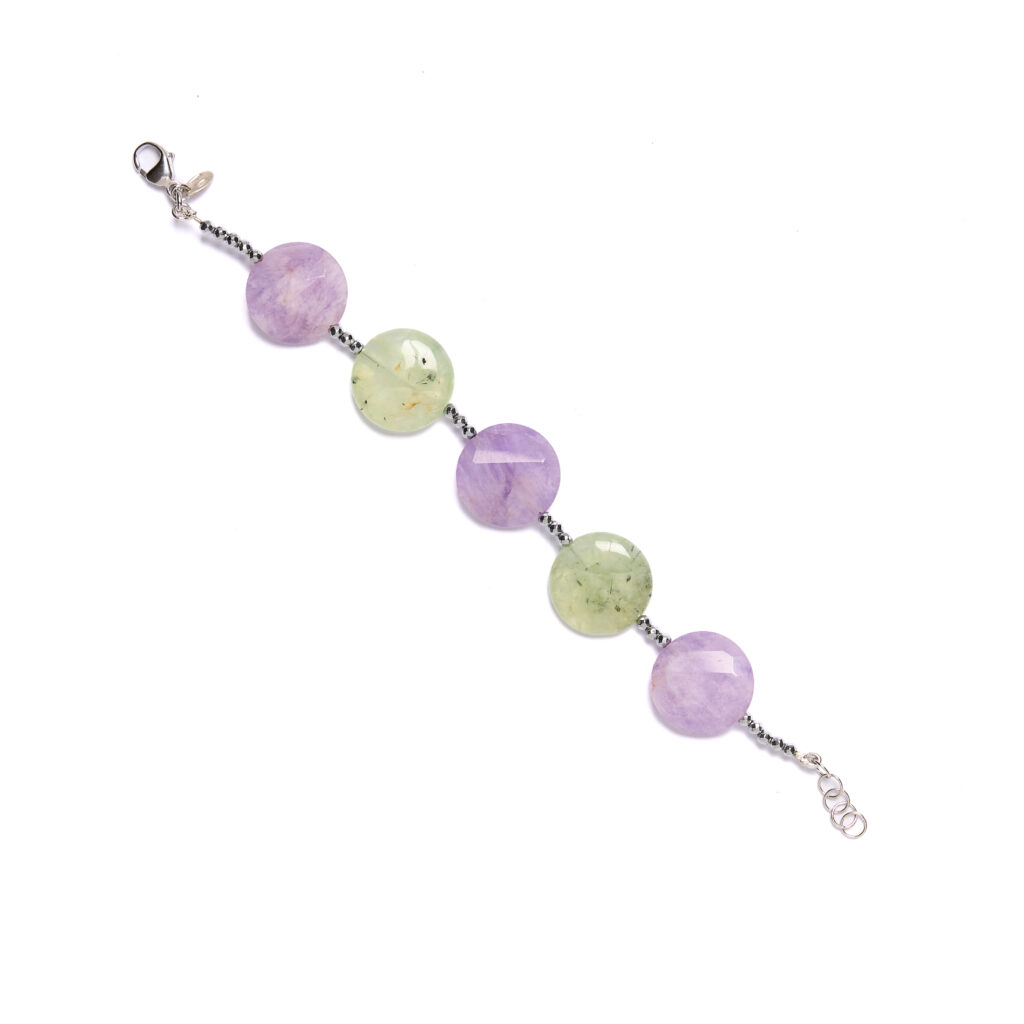 Bracciale infilato in Prehnite ed Ametista