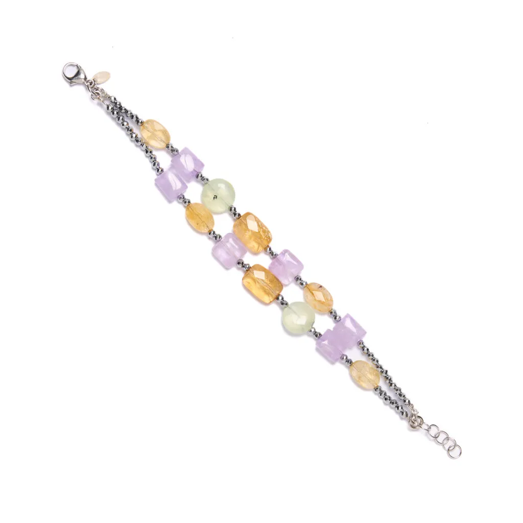 Bracciale infilato in Prehnite, Citrino ed Ametista