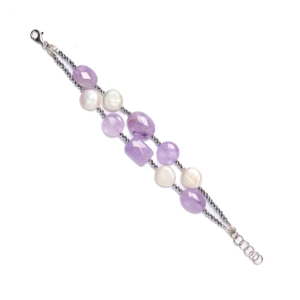 Bracciale infilato in Ametista ed Ematite con Perle