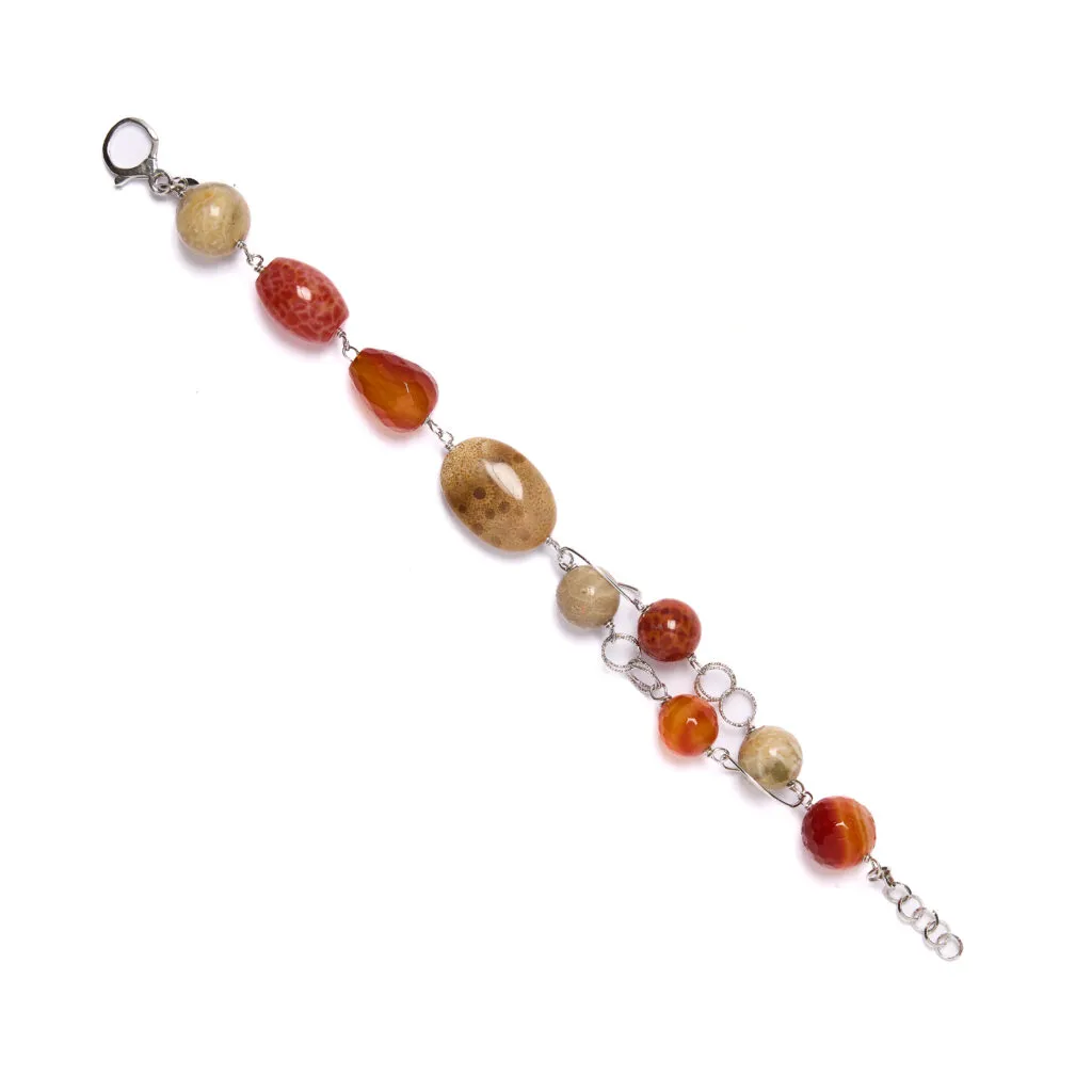 Bracciale in Agata di Fuoco e Corallo Fossile