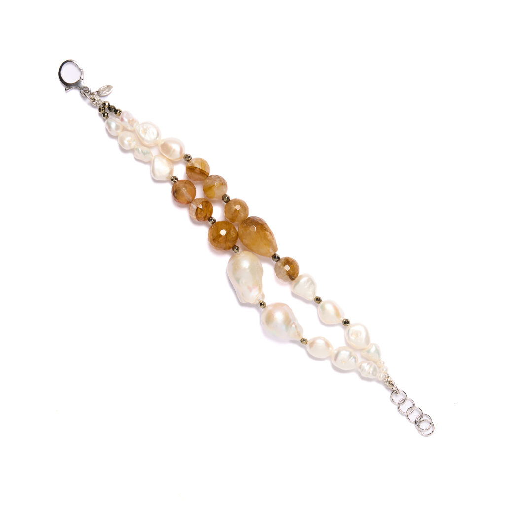 Bracciale a due fili in Quarzo Ematoide Giallo e Perle