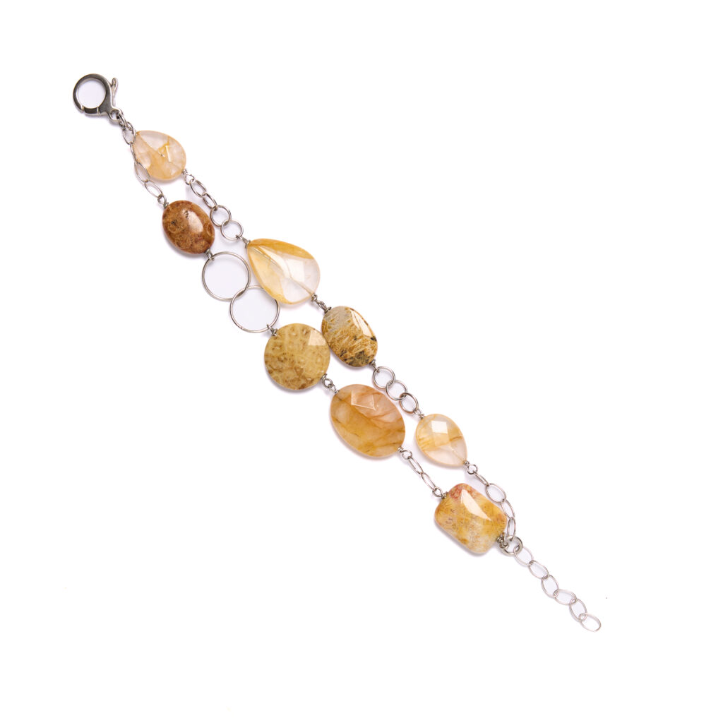 Bracciale a due fili in Ematoide Giallo e Corallo Fossile