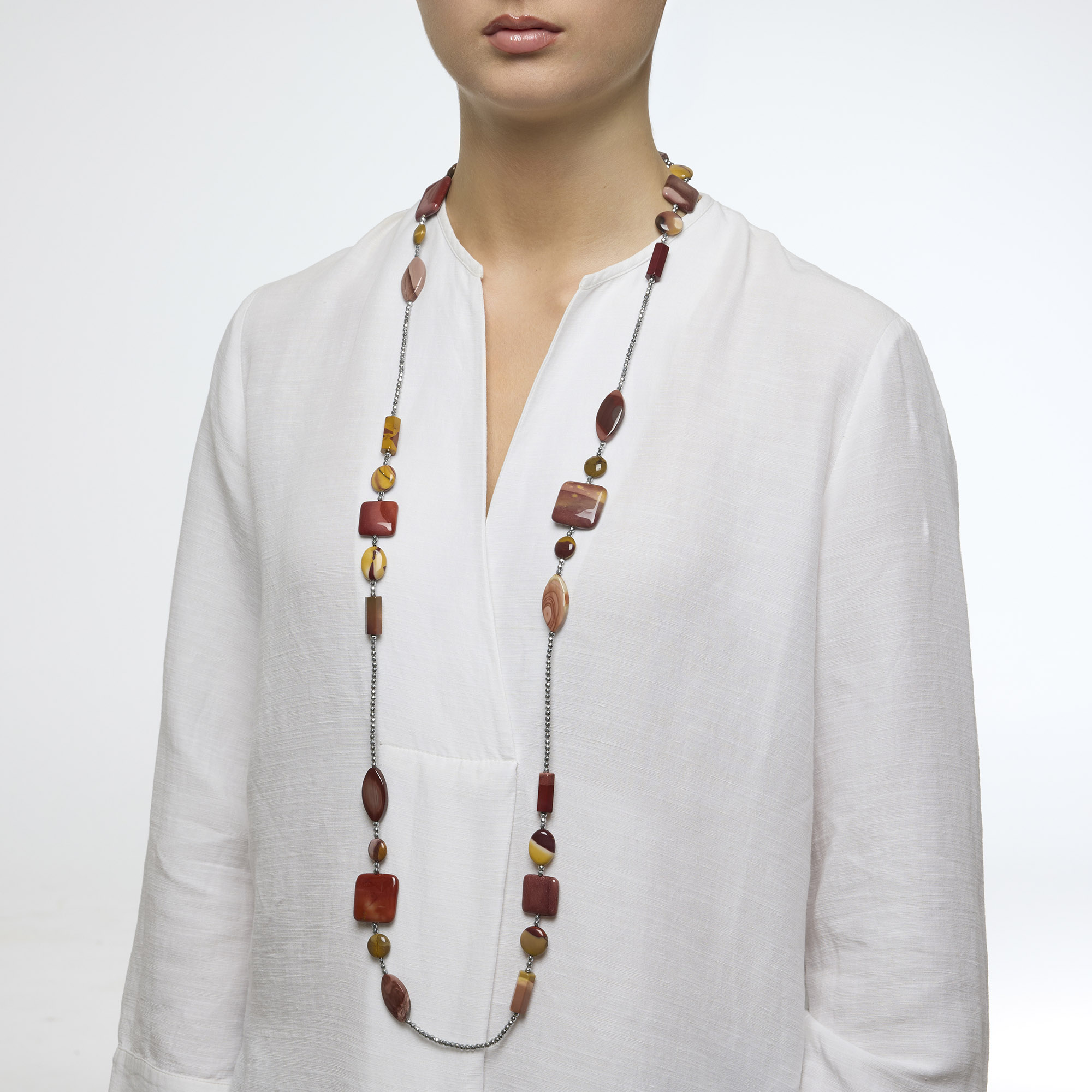 Lange ketting in Mokaiet en Hematiet Lange ketting in Mokaiet en Hematiet