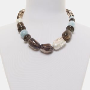 Collana in Acquamarina, Quarzo Fumè e Perle