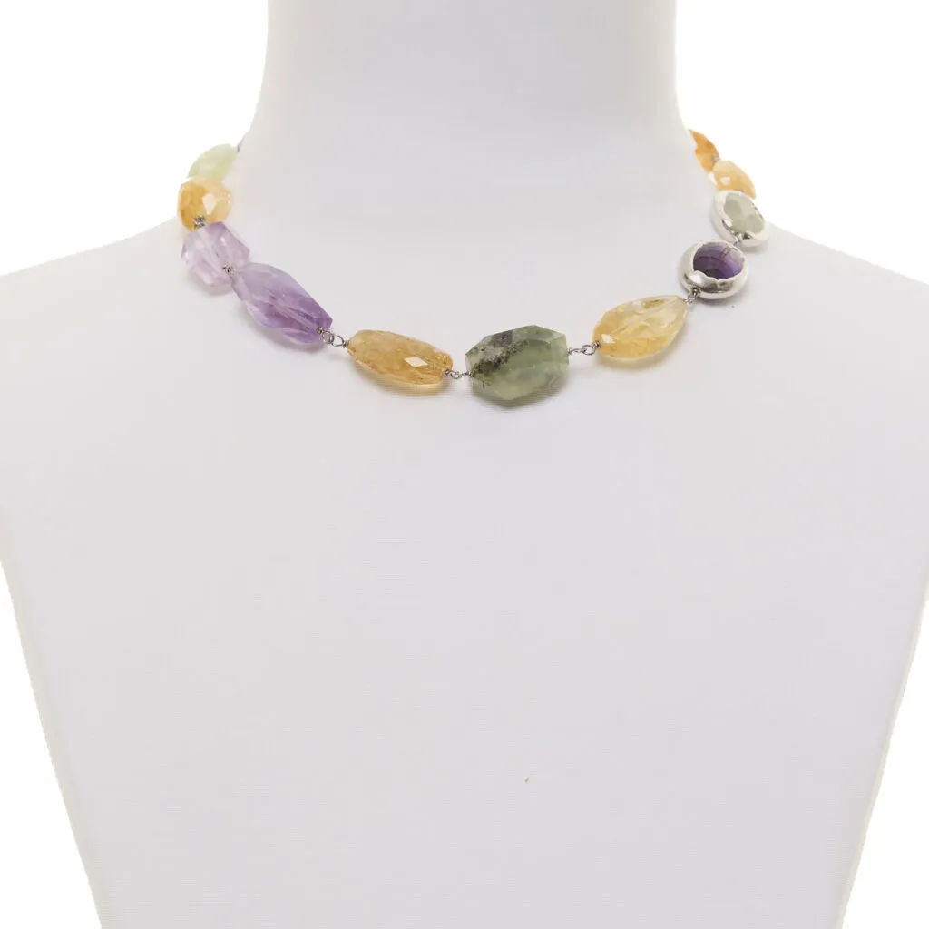 Collana in Citrino, Ametista e Prehnite, con scontornato