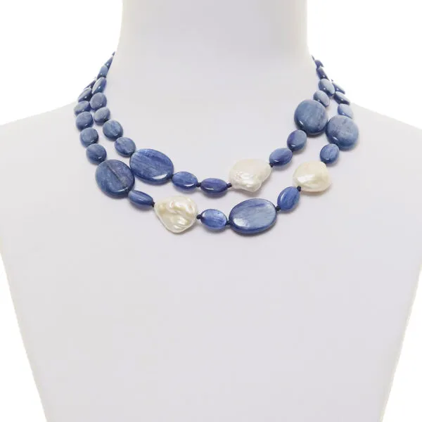 Collana corta a due fili in Cianite e Perle
