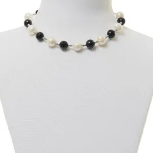 Collana in Agata Nera, Perle ed Ematite Rodiata