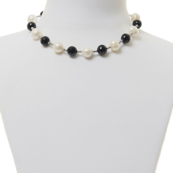 Collana in Agata Nera, Perle ed Ematite Rodiata