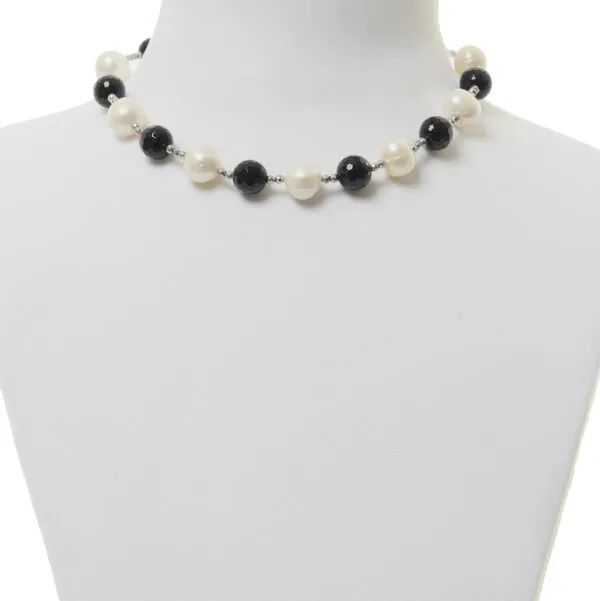 Collana in Agata Nera, Perle ed Ematite Rodiata