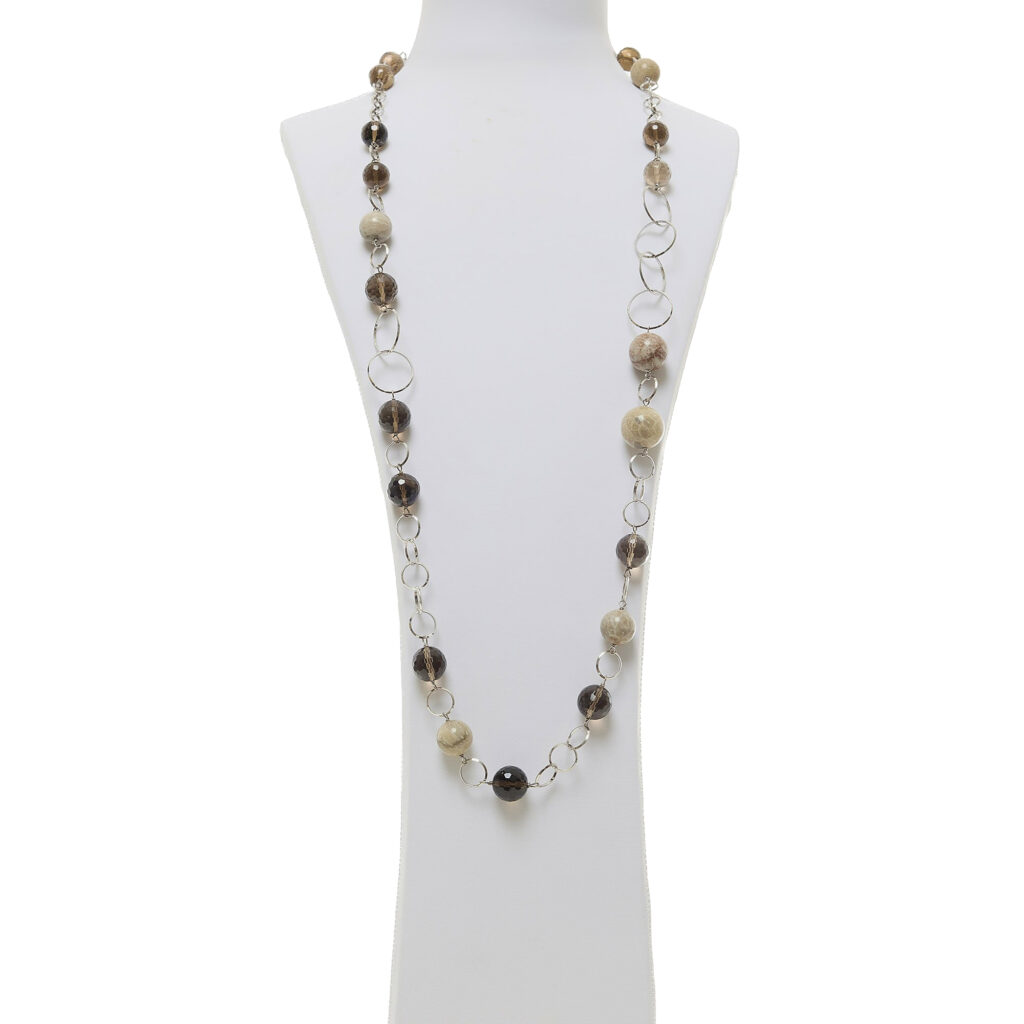 Collana lunga in Corallo Fossile e Quarzo Fumè