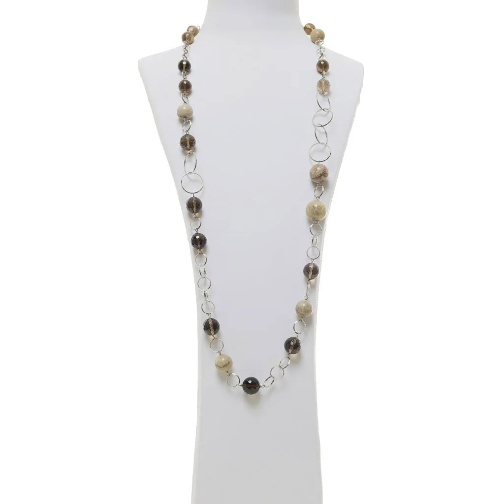 Collana lunga in Corallo Fossile e Quarzo Fumè